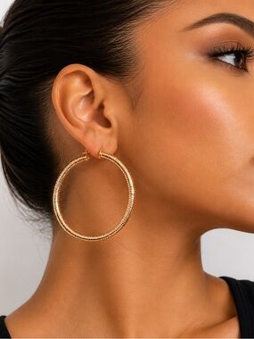 14K Gold Filled Textured Ribbed Round Tube Hoop Earrings Large Women. 2.5 inches